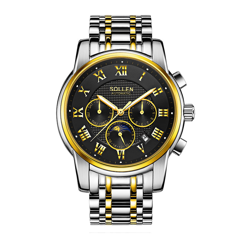 Sollen SL802 Multi-Function Watch - Men's Moonphase Sunburst Dial 7-Bead Stainless Steel Bracelet Wristwatch