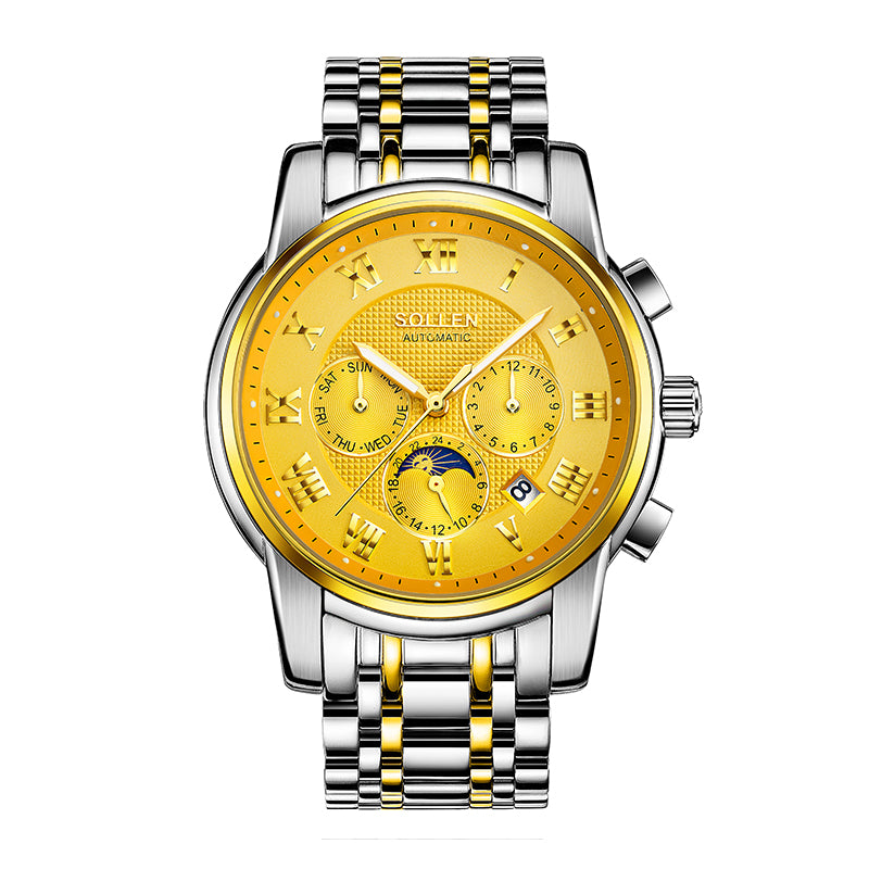 Sollen SL802 Multi-Function Watch - Men's Moonphase Sunburst Dial 7-Bead Stainless Steel Bracelet Wristwatch