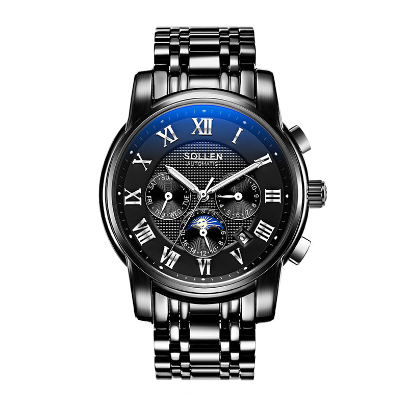 Sollen SL802 Multi-Function Watch - Men's Moonphase Sunburst Dial 7-Bead Stainless Steel Bracelet Wristwatch