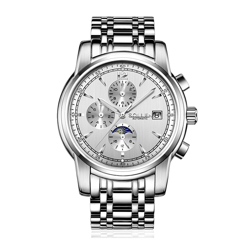 Sollen SL803 Multi-Function Watch - Men's Moonphase Sunburst Dial 7-Bead Stainless Steel Bracelet Wristwatch