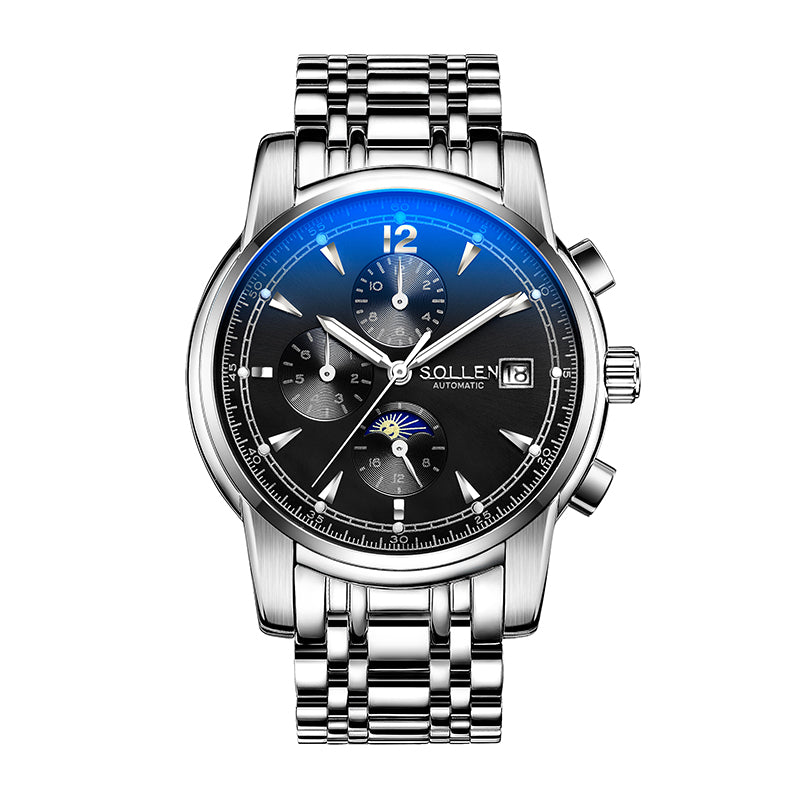 Sollen SL803 Multi-Function Watch - Men's Moonphase Sunburst Dial 7-Bead Stainless Steel Bracelet Wristwatch
