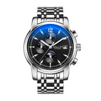 Sollen SL803 Multi-Function Watch - Men's Moonphase Sunburst Dial 7-Bead Stainless Steel Bracelet Wristwatch