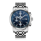 Sollen SL803 Multi-Function Watch - Men's Moonphase Sunburst Dial 7-Bead Stainless Steel Bracelet Wristwatch