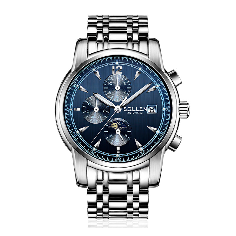 Sollen SL803 Multi-Function Watch - Men's Moonphase Sunburst Dial 7-Bead Stainless Steel Bracelet Wristwatch