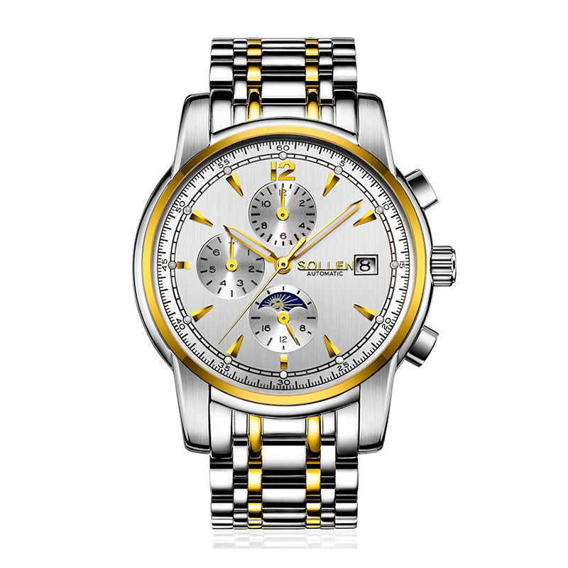 Sollen SL803 Multi-Function Watch - Men's Moonphase Sunburst Dial 7-Bead Stainless Steel Bracelet Wristwatch