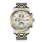 Sollen SL803 Multi-Function Watch - Men's Moonphase Sunburst Dial 7-Bead Stainless Steel Bracelet Wristwatch