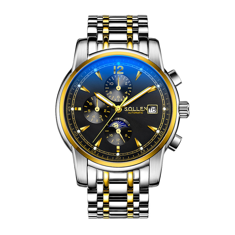 Sollen SL803 Multi-Function Watch - Men's Moonphase Sunburst Dial 7-Bead Stainless Steel Bracelet Wristwatch