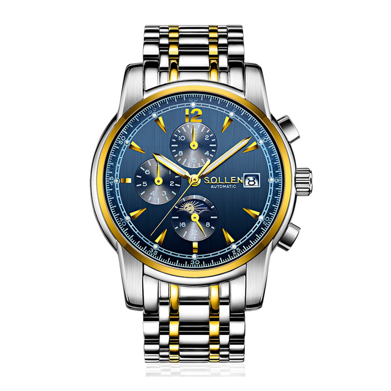 Sollen SL803 Multi-Function Watch - Men's Moonphase Sunburst Dial 7-Bead Stainless Steel Bracelet Wristwatch