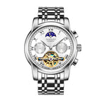 Sollen SL804 Multi-Function Watch - Men's Open-Heart Moonphase Sunburst Dial 7-Bead Stainless Steel Bracelet Wristwatch