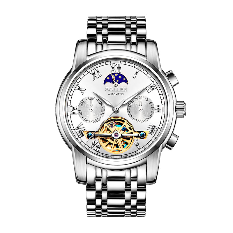 Sollen SL804 Multi-Function Watch - Men's Open-Heart Moonphase Sunburst Dial 7-Bead Stainless Steel Bracelet Wristwatch