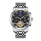 Sollen SL804 Multi-Function Watch - Men's Open-Heart Moonphase Sunburst Dial 7-Bead Stainless Steel Bracelet Wristwatch