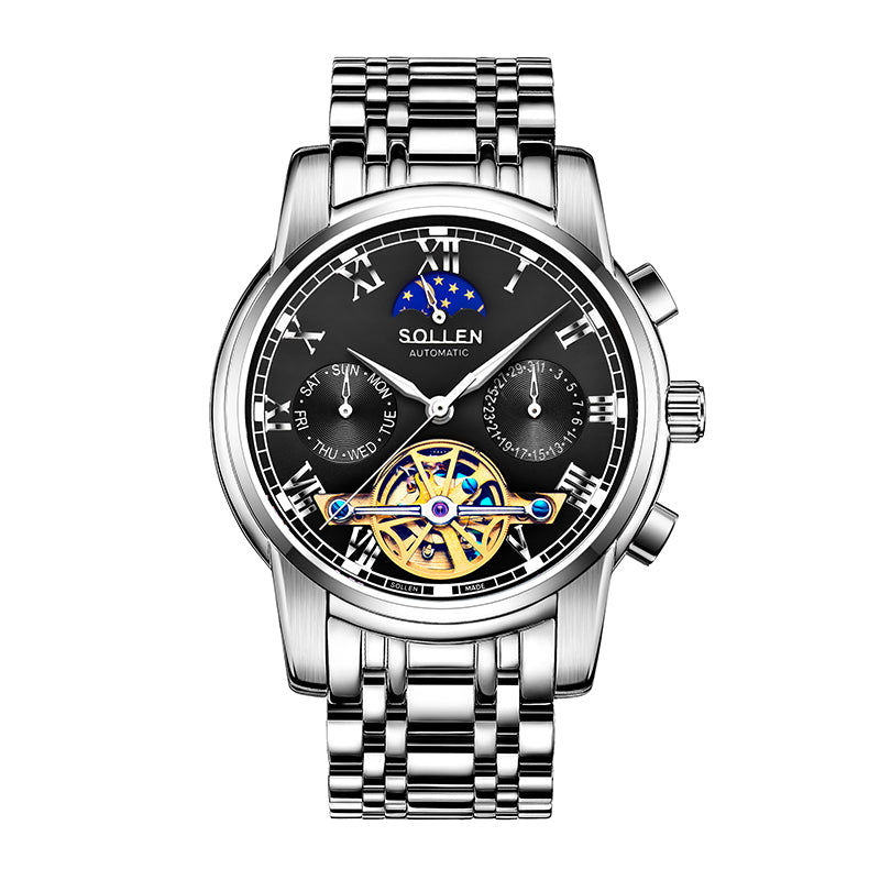 Sollen SL804 Multi-Function Watch - Men's Open-Heart Moonphase Sunburst Dial 7-Bead Stainless Steel Bracelet Wristwatch