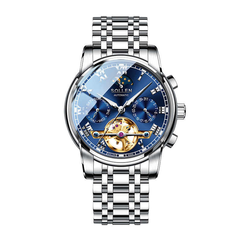 Sollen SL804 Multi-Function Watch - Men's Open-Heart Moonphase Sunburst Dial 7-Bead Stainless Steel Bracelet Wristwatch