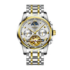 Sollen SL804 Multi-Function Watch - Men's Open-Heart Moonphase Sunburst Dial 7-Bead Stainless Steel Bracelet Wristwatch