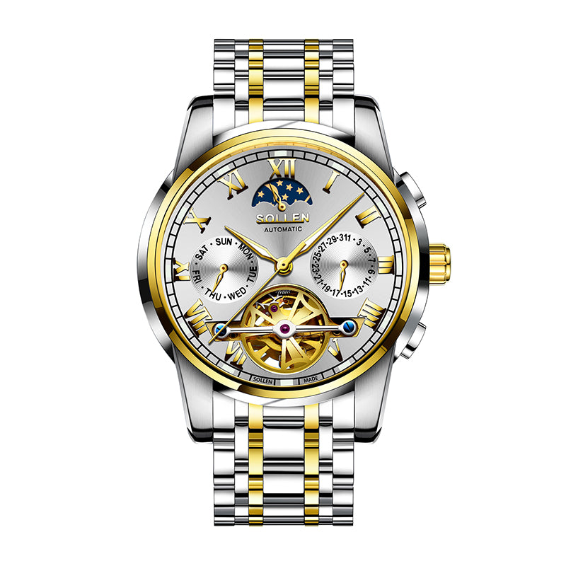 Sollen SL804 Multi-Function Watch - Men's Open-Heart Moonphase Sunburst Dial 7-Bead Stainless Steel Bracelet Wristwatch