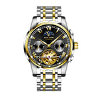 Sollen SL804 Multi-Function Watch - Men's Open-Heart Moonphase Sunburst Dial 7-Bead Stainless Steel Bracelet Wristwatch