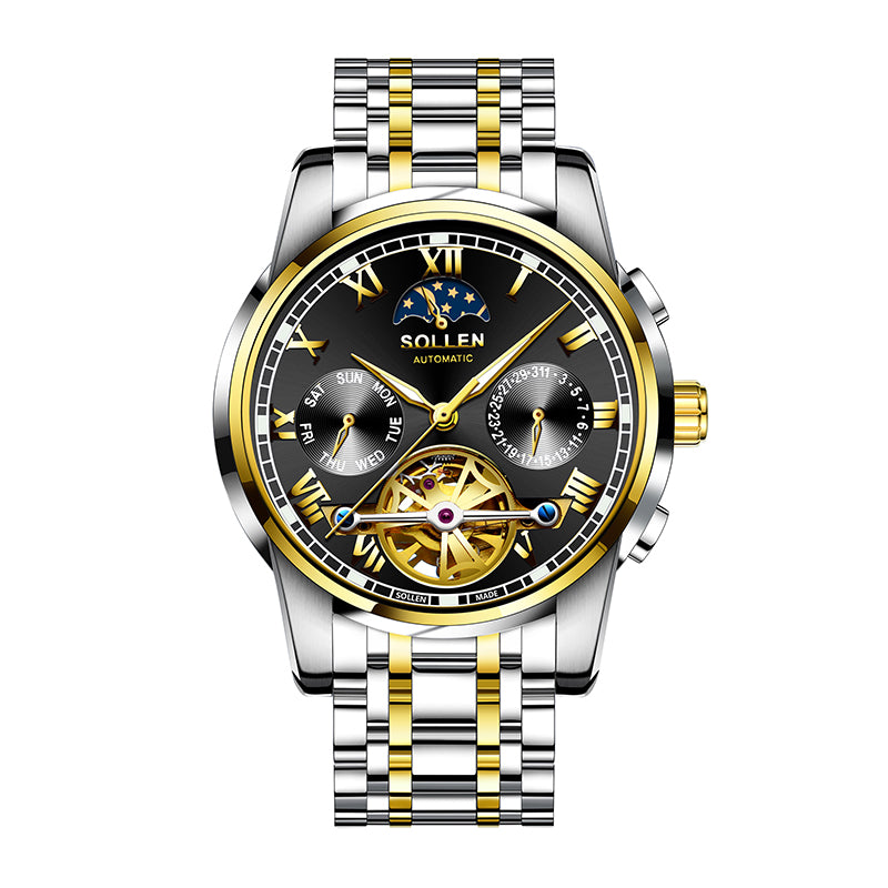 Sollen SL804 Multi-Function Watch - Men's Open-Heart Moonphase Sunburst Dial 7-Bead Stainless Steel Bracelet Wristwatch
