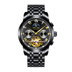 Sollen SL804 Multi-Function Watch - Men's Open-Heart Moonphase Sunburst Dial 7-Bead Stainless Steel Bracelet Wristwatch