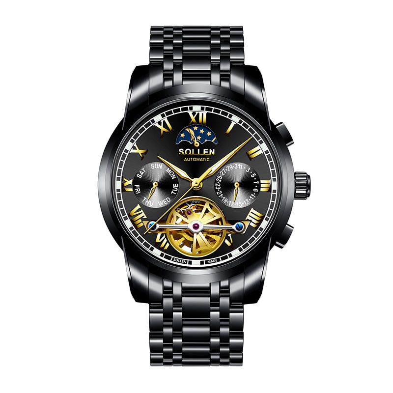 Sollen SL804 Multi-Function Watch - Men's Open-Heart Moonphase Sunburst Dial 7-Bead Stainless Steel Bracelet Wristwatch