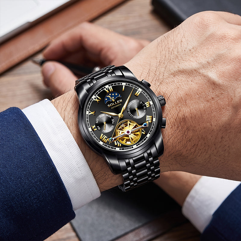 Sollen SL804 Multi-Function Watch - Men's Open-Heart Moonphase Sunburst Dial 7-Bead Stainless Steel Bracelet Wristwatch