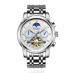 Sollen SL805 Multi-Function Watch - Men's Open-Heart Moonphase Sunburst Dial 7-Bead Stainless Steel Bracelet Wristwatch