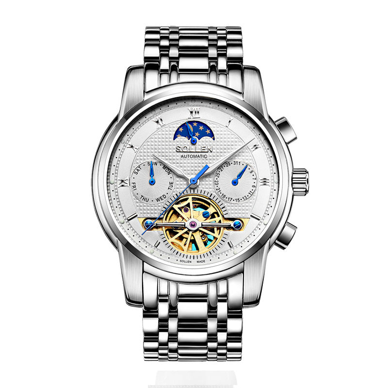 Sollen SL805 Multi-Function Watch - Men's Open-Heart Moonphase Sunburst Dial 7-Bead Stainless Steel Bracelet Wristwatch