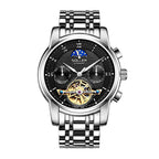 Sollen SL805 Multi-Function Watch - Men's Open-Heart Moonphase Sunburst Dial 7-Bead Stainless Steel Bracelet Wristwatch