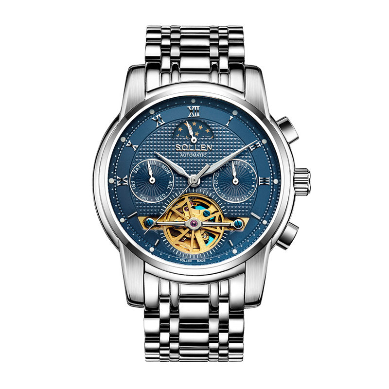 Sollen SL805 Multi-Function Watch - Men's Open-Heart Moonphase Sunburst Dial 7-Bead Stainless Steel Bracelet Wristwatch