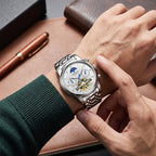 Sollen SL805 Multi-Function Watch - Men's Open-Heart Moonphase Sunburst Dial 7-Bead Stainless Steel Bracelet Wristwatch