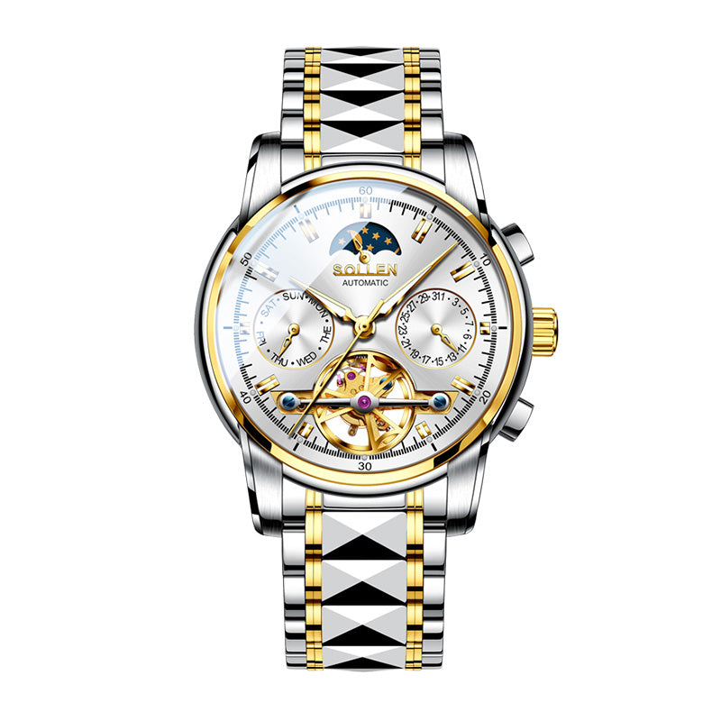 Sollen SL806 Multi-Function Watch - Men's Open-Heart Moonphase Sunburst Dial 7-Bead Tungsten-Steel Bracelet Wristwatch