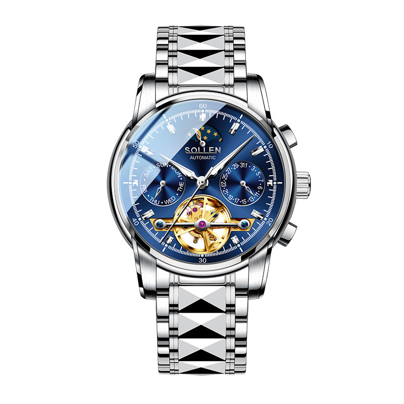 Sollen SL806 Multi-Function Watch - Men's Open-Heart Moonphase Sunburst Dial 7-Bead Tungsten-Steel Bracelet Wristwatch