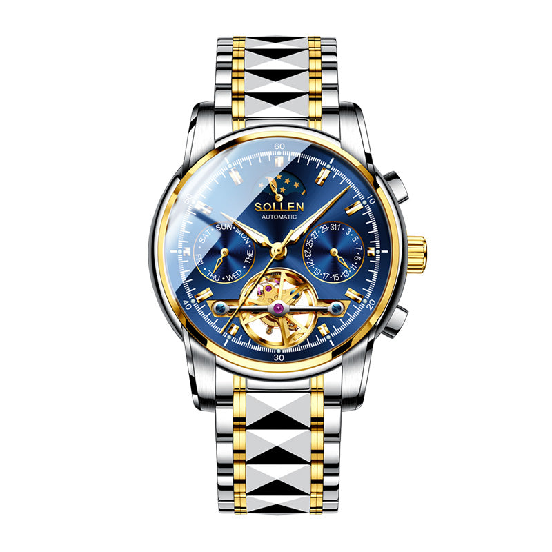Sollen SL806 Multi-Function Watch - Men's Open-Heart Moonphase Sunburst Dial 7-Bead Tungsten-Steel Bracelet Wristwatch