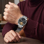 Sollen SL806 Multi-Function Watch - Men's Open-Heart Moonphase Sunburst Dial 7-Bead Tungsten-Steel Bracelet Wristwatch