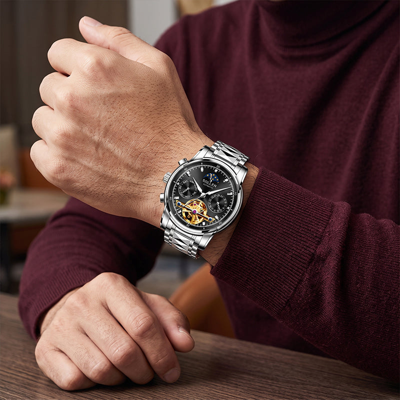 Sollen SL806 Multi-Function Watch - Men's Open-Heart Moonphase Sunburst Dial 7-Bead Tungsten-Steel Bracelet Wristwatch