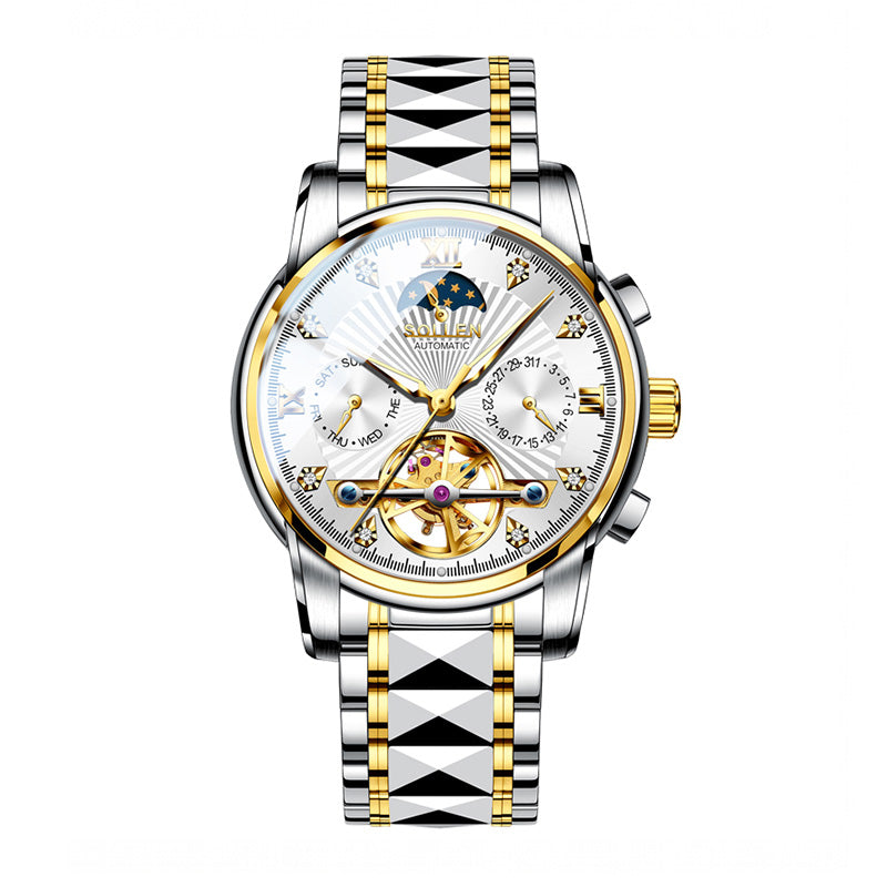 Sollen SL807 Multi-Function Watch - Men's Open-Heart Moonphase Sunray Fluted Dial 7-Bead Tungsten-Steel Bracelet Wristwatch