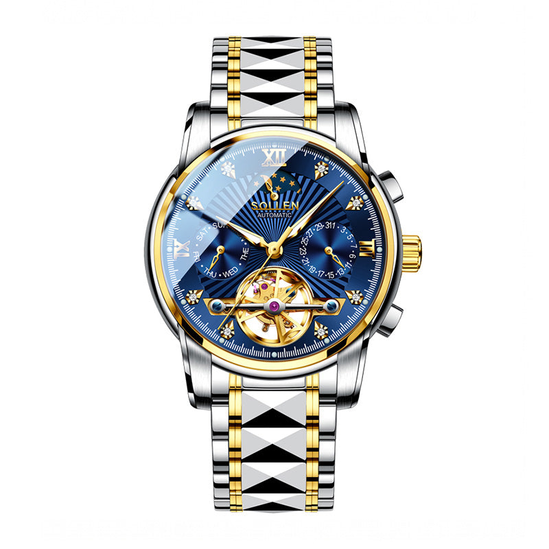 Sollen SL807 Multi-Function Watch - Men's Open-Heart Moonphase Sunray Fluted Dial 7-Bead Tungsten-Steel Bracelet Wristwatch