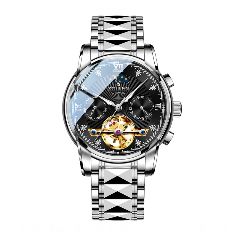 Sollen SL807 Multi-Function Watch - Men's Open-Heart Moonphase Sunray Fluted Dial 7-Bead Tungsten-Steel Bracelet Wristwatch