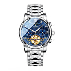 Sollen SL807 Multi-Function Watch - Men's Open-Heart Moonphase Sunray Fluted Dial 7-Bead Tungsten-Steel Bracelet Wristwatch