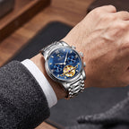 Sollen SL807 Multi-Function Watch - Men's Open-Heart Moonphase Sunray Fluted Dial 7-Bead Tungsten-Steel Bracelet Wristwatch