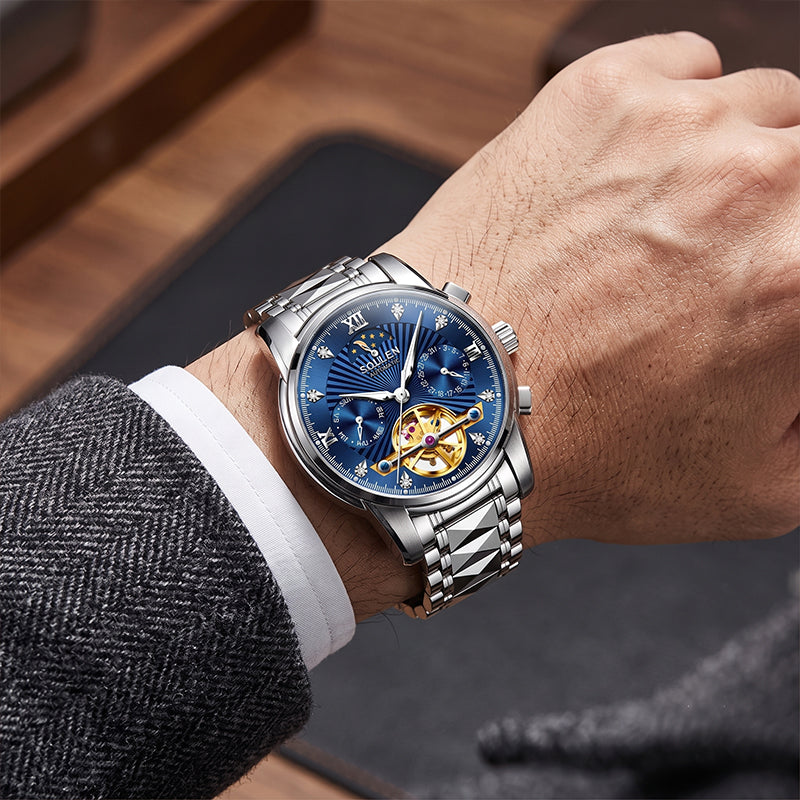 Sollen SL807 Multi-Function Watch - Men's Open-Heart Moonphase Sunray Fluted Dial 7-Bead Tungsten-Steel Bracelet Wristwatch