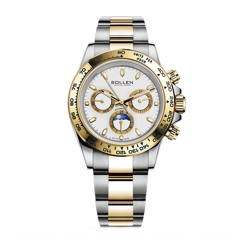 Sollen SL808 Multi-Function Watch - Men's Moonphase Sunray Dial Luminous Markers 3-Bead Stainless Steel Bracelet Wristwatch