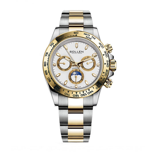 Sollen SL808 Multi-Function Watch - Men's Moonphase Sunray Dial Luminous Markers 3-Bead Stainless Steel Bracelet Wristwatch