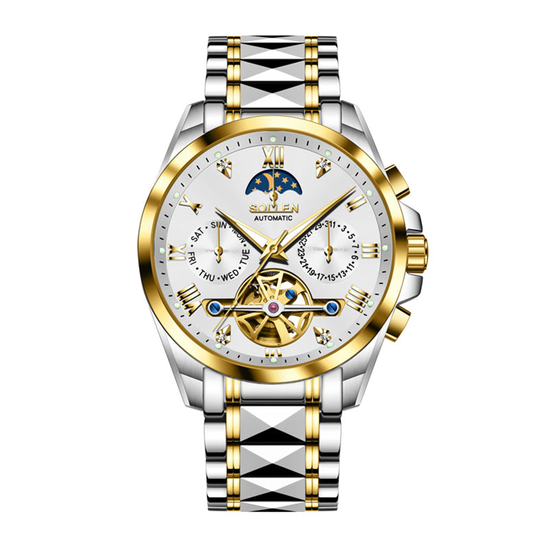 Sollen SL809 Multi-Function Watch - Men's Moonphase Sunray Dial Luminous Markers 3-Bead Stainless Steel Bracelet Wristwatch