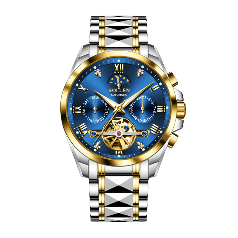 Sollen SL809 Multi-Function Watch - Men's Moonphase Sunray Dial Luminous Markers 3-Bead Stainless Steel Bracelet Wristwatch
