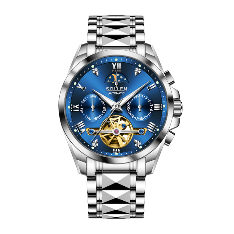 Sollen SL809 Multi-Function Watch - Men's Moonphase Sunray Dial Luminous Markers 3-Bead Stainless Steel Bracelet Wristwatch