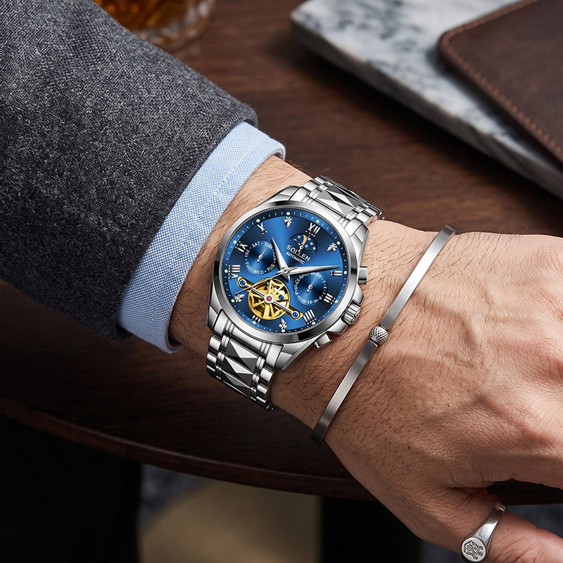 Sollen SL809 Multi-Function Watch - Men's Moonphase Sunray Dial Luminous Markers 3-Bead Stainless Steel Bracelet Wristwatch