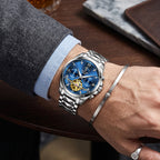 Sollen SL809 Multi-Function Watch - Men's Moonphase Sunray Dial Luminous Markers 3-Bead Stainless Steel Bracelet Wristwatch