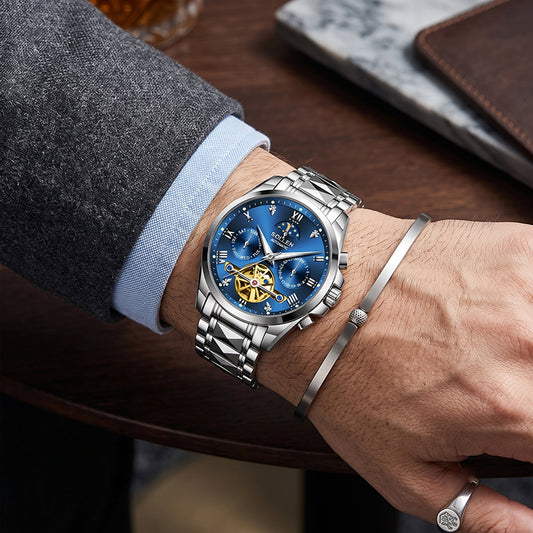 Sollen SL809 Multi-Function Watch - Men's Moonphase Sunray Dial Luminous Markers 3-Bead Stainless Steel Bracelet Wristwatch