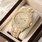 KDW KDW2386 Live Edition Men's Luxury Iced-Out Quartz Watch - 43mm Full Crystal Bezel & Bracelet Arc 12H Day 3H Date Roman Numeral Dial Metal Wristwatch