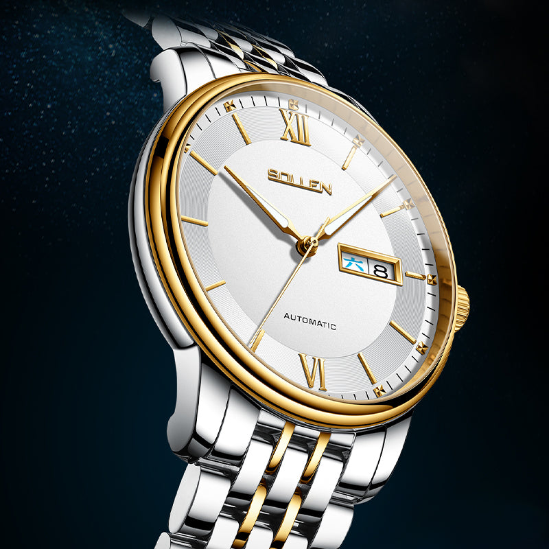 Sollen 9050 Automatic Watch - Men's Dual Calendar Sunray Dial 9-Bead Stainless Steel Bracelet Wristwatch